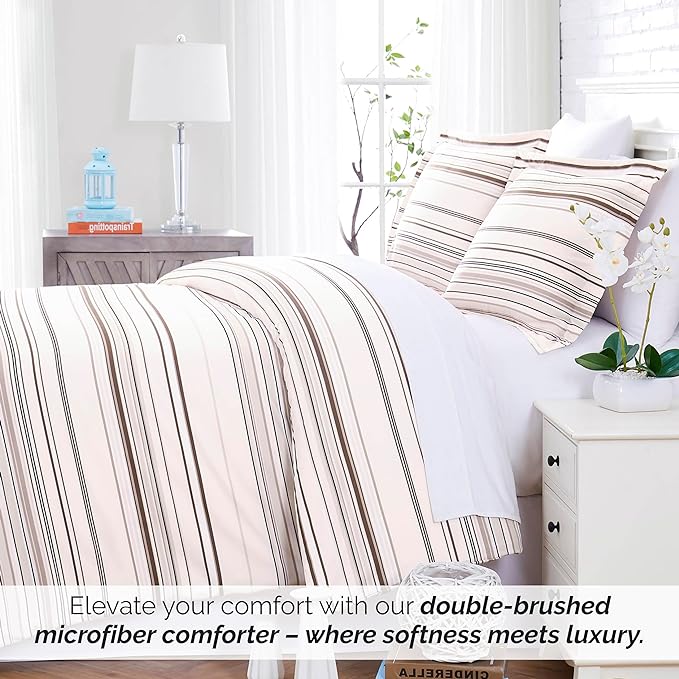 Southshore Fine Living, Inc. 3-Piece Full/Queen Comforter Set, Down Alternative All-Season Striped Comforter with 2 Shams, Soft Microfiber Bedspread, Full or Queen Bed, Coastal Stripes Taupe - LeafyLoom