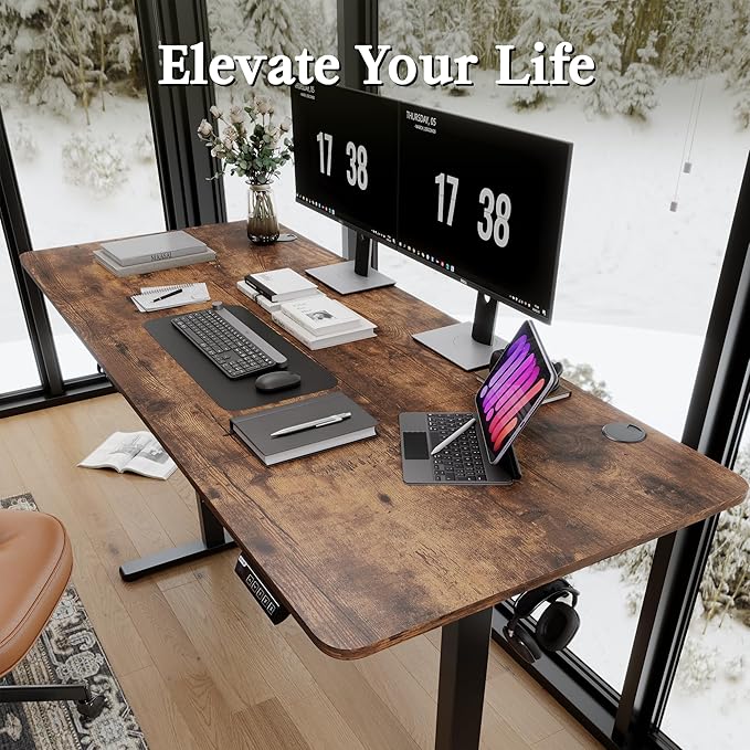 Monomi Electric Standing Desk, 71 x 31.5 inches Height Adjustable Desk, Ergonomic Home Office Sit Stand Up Desk with Memory Preset Controller (Rustic Brown Top/Black Frame) - LeafyLoom