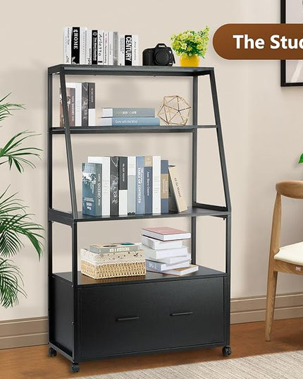 2 Drawer Lateral File Cabinet with Bookshelf, Industrial 4-Tier Filing Cabinet Printer Stand with Wheels, Ladder Shelf Stand with Open Storage for Home Office,Black - LeafyLoom