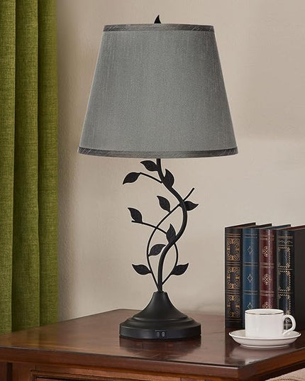 Kakanuo Table Lamp Bedside Lamp with USB C Charging Ports, Grey Traditional Nightstand Lamp for Living Room, Desk Lamp Large Retro Table Lamp for Bedroom - LeafyLoom