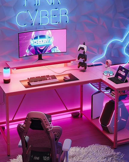 Bestier 52" Gaming Desk with Integrated Power Outlet & USB Ports, L-Shaped Computer Desk with LED Strip & Headphone Hooks, Perfect for Home Office Pink - LeafyLoom