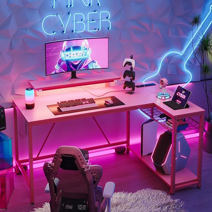 Bestier 52" Gaming Desk with Integrated Power Outlet & USB Ports, L-Shaped Computer Desk with LED Strip & Headphone Hooks, Perfect for Home Office Pink - LeafyLoom