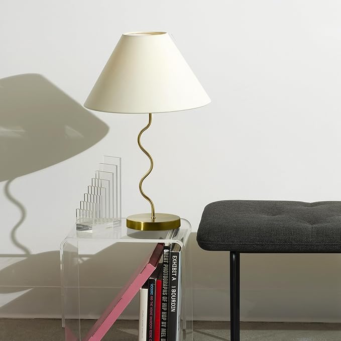 Brightech Squiggle Desk Lamp – Tall LED Table Lamp for Bedroom, Living Room, Office – Boho Mid-Century Modern Bedside Table Lamp with A-Line Open Shade and LED Bulb – Gold/Antique Brass - LeafyLoom