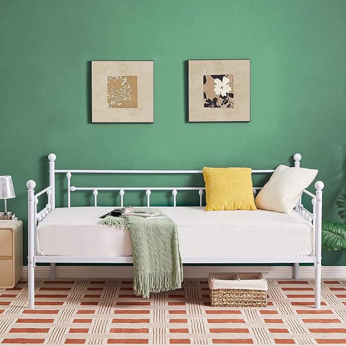 VECELO Twin Size Daybed Frame Metal Steel Slat Support with Headboard Sofa Bed Platform for Living Room, Guest Room, Easy Assembly, White - LeafyLoom