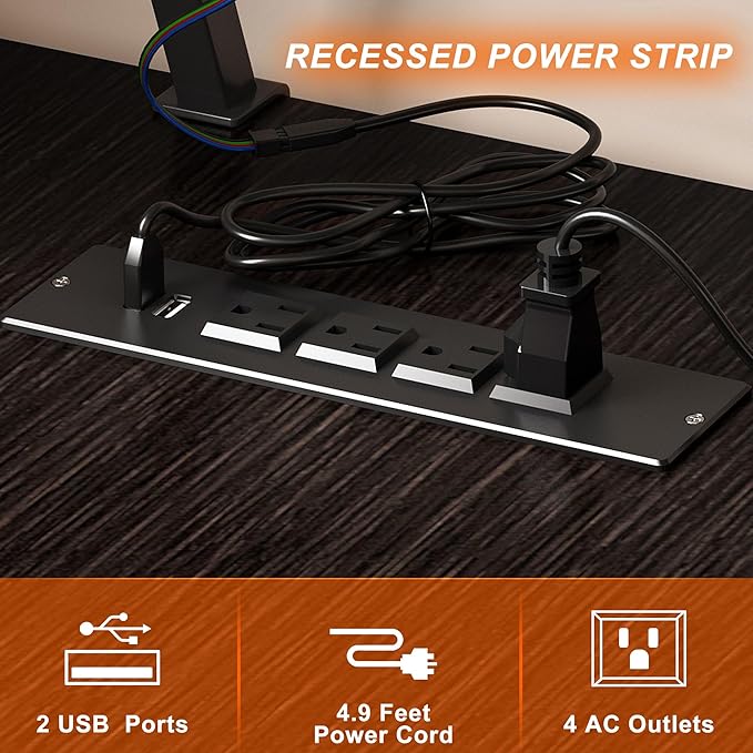 DlandHome Reversible L-Shaped Desk with Monitor Stand,LED Lighting Computer Desk with Power Outlets,Home Office Table Computer Workstation, Black - LeafyLoom