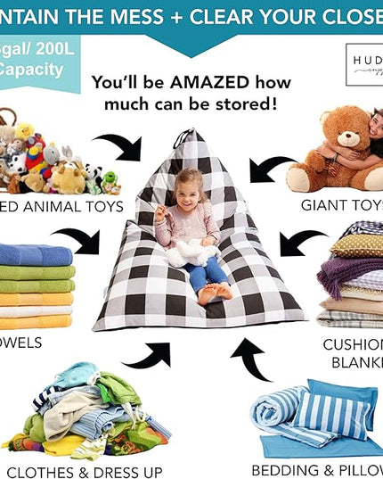 Stuffed Animal Bean Bag Storage - Machine Washable Bean Bag Chair for Kids - Extra Large Cover for Stuffing with Plush Toys, Pillows, Soft Items - Stuffed Animal Holder for Boys & Girls - Gingham - LeafyLoom