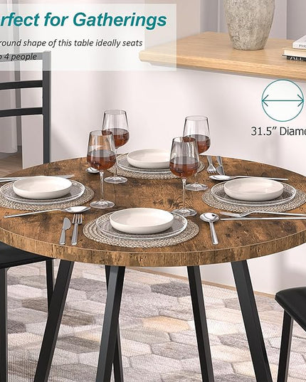 VECELO Round Dining Table with Steel Frame for 2-4 People, Space Saving for Home, Kitchen, Apartment, Antique Brown - LeafyLoom