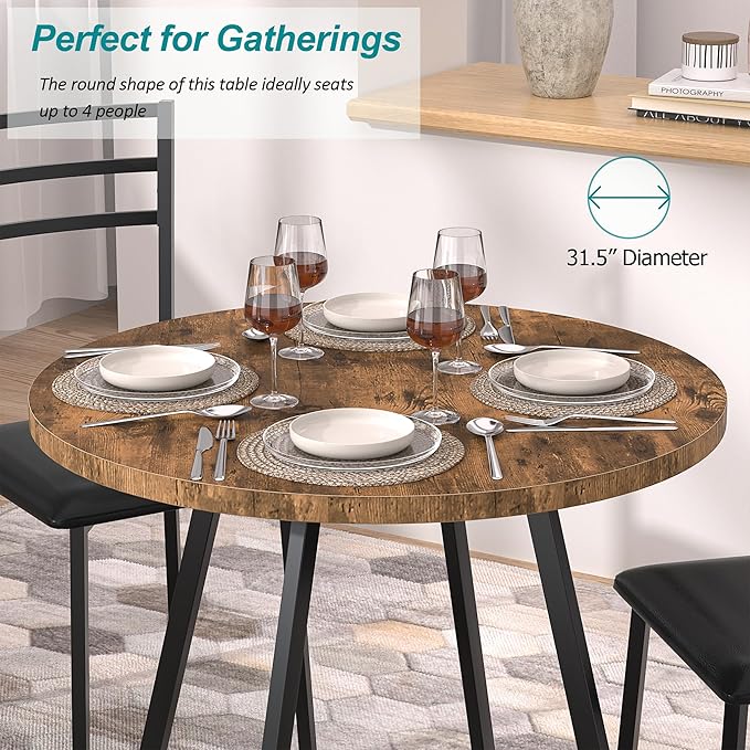 VECELO Round Dining Table with Steel Frame for 2-4 People, Space Saving for Home, Kitchen, Apartment, Antique Brown - LeafyLoom
