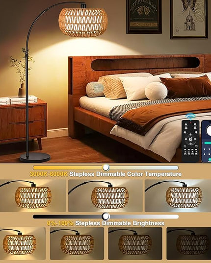 Arc Floor Lamp for Living Room, 3 Color Temperatures Farmhouse Standing Lamps with Remote & Dimmable Bulb, Rattan Boho Floor Lamp with Fabric Shades, Adjustable Tall Lamp for Bedroom Office - LeafyLoom