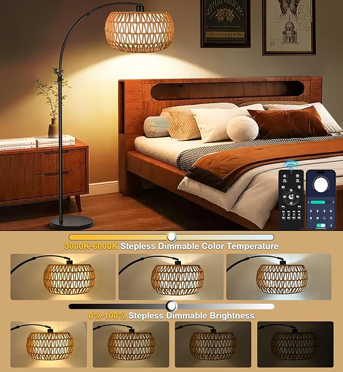 Arc Floor Lamp for Living Room, 3 Color Temperatures Farmhouse Standing Lamps with Remote & Dimmable Bulb, Rattan Boho Floor Lamp with Fabric Shades, Adjustable Tall Lamp for Bedroom Office - LeafyLoom