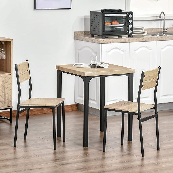 HOMCOM 3 Piece Dining Table Set for 2, Modern Kitchen Table and Chairs, Dining Room Set for Breakfast Nook, Small Space, Apartment, Space Saving, Light Wood Grain - LeafyLoom