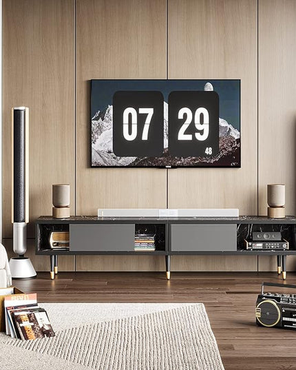 Bestier Mid Century Modern TV Stand for 85 inch tv, Entertainment Center with Storage and Sliding Doors, 2 in 1 Long TV Cabinet for Living Room, Black Marble - LeafyLoom