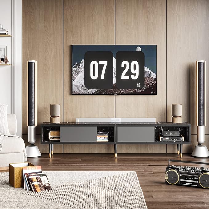 Bestier Mid Century Modern TV Stand for 85 inch tv, Entertainment Center with Storage and Sliding Doors, 2 in 1 Long TV Cabinet for Living Room, Black Marble - LeafyLoom