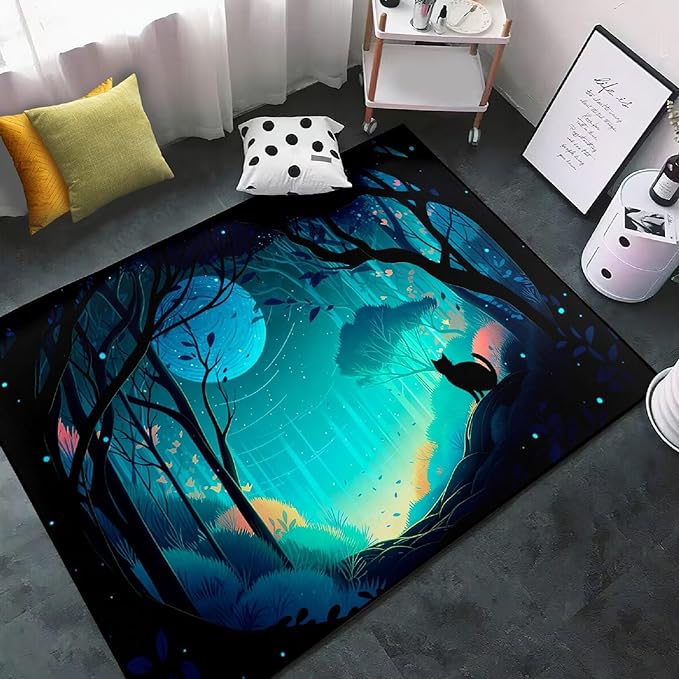 Cat Rug - Magic Black Cat Rug for Home Decor Moon Black Cat Rug for Boys Room Cat Door Mats Outdoor Entrance Forestscape Cat Rug, 3x4 Feet - LeafyLoom