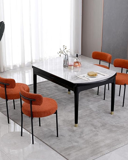 Orange Dining Chairs Set of 4 Round Upholstered Boucle Dining Room Chairs Mid-Century Modern Kitchen Chairs Curved Backrest Chairs for Dining Room Black Metal Legs - LeafyLoom