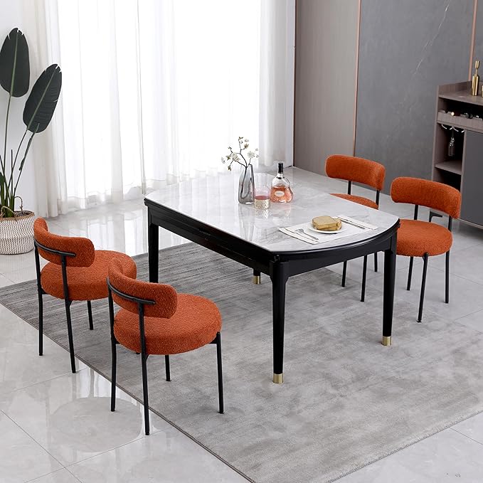 Orange Dining Chairs Set of 4 Round Upholstered Boucle Dining Room Chairs Mid-Century Modern Kitchen Chairs Curved Backrest Chairs for Dining Room Black Metal Legs - LeafyLoom