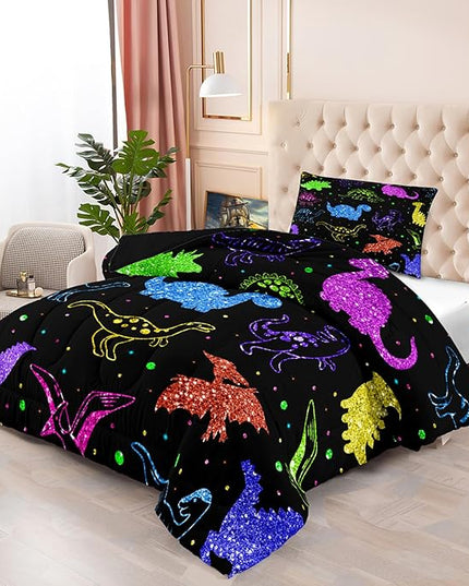 Dinosaur Twin Bedding Set, Cartoon Kids Bedding Dinosaur Twin Size Comforter Set for Boys Teen Soft Breathable Black Dinosaur Comforter Set Twin (1 Comforter 1 Pillowcase) - LeafyLoom