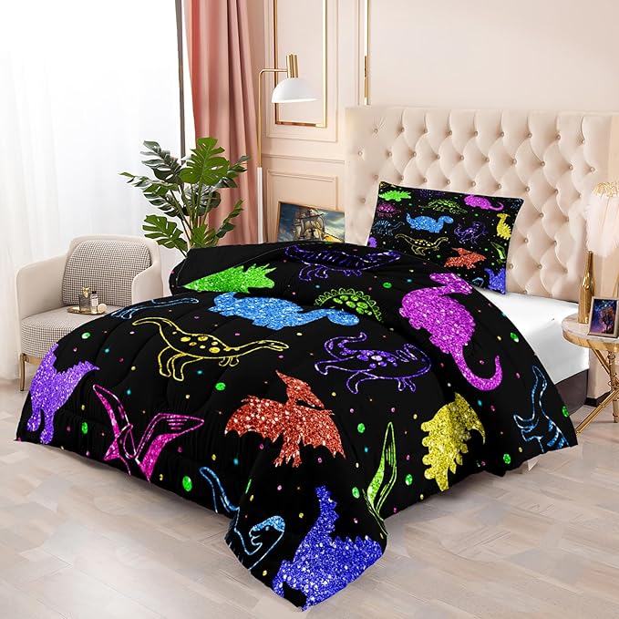 Dinosaur Twin Bedding Set, Cartoon Kids Bedding Dinosaur Twin Size Comforter Set for Boys Teen Soft Breathable Black Dinosaur Comforter Set Twin (1 Comforter 1 Pillowcase) - LeafyLoom