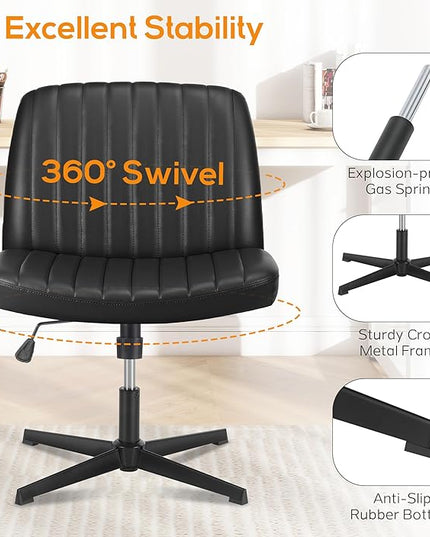 Criss Cross Chair, Cross Legged Office Chair, Wide Comfty Desk Chair, No Wheels Armless Computer Task Chair, Swivel Vanity Home Chair, Height Adjustable - LeafyLoom