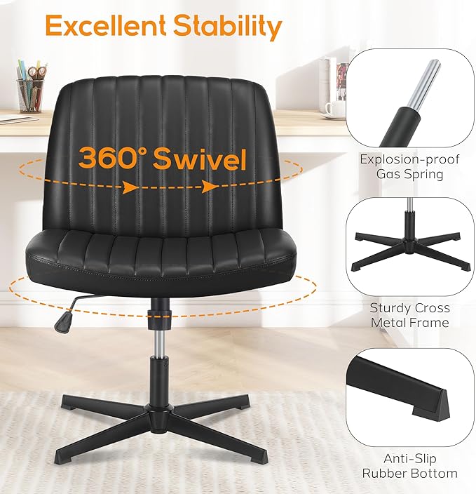 Criss Cross Chair, Cross Legged Office Chair, Wide Comfty Desk Chair, No Wheels Armless Computer Task Chair, Swivel Vanity Home Chair, Height Adjustable - LeafyLoom