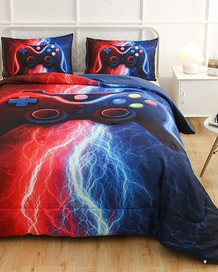 Meeting Story Gamer Gaming Bedding Sets Tie Dye Lightnings Gamepad Comforter Set for Boys Games Console Action Buttons Novelty Colorful Modern Room Decor Home Quilt Set (Twin, Red-Blue) - LeafyLoom