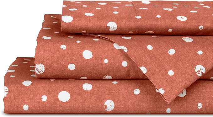 Linen Home Cotton Lyocell Blend Percale Printed Sheet Set, Pre-Washed & Shrunk, Cooling Bed Sheets, Full Size, 4 Pieces - 1 Flat, 1 Deep Pocket Fitted Sheet, 2 Pillowcases, Polka Cedarwood - LeafyLoom