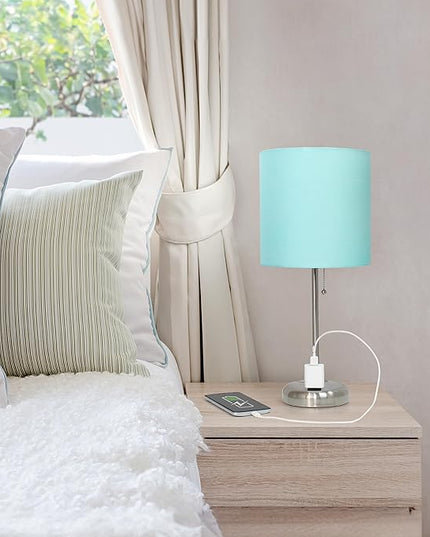 Simple Designs LT1144-AQU Sleek and Slender Brushed Steel Table Lamp with Charging Outlet, for Bedroom, Living Room, Entryway, Office, Dining Room, Study, Aqua Shade - LeafyLoom