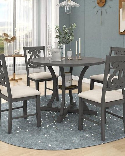Round Special-Shaped Legs and an Exquisitely Designed Hollow Chair Back, Living Room, Kitchen, 5 Piece Dining Table Set, Gray 10 - LeafyLoom