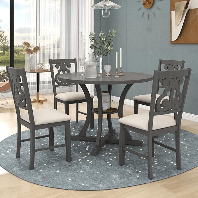 NicBex Dining Room Table Set for 4 Dining Table with Chairs 5-Piece Round Dining Table and 4 Fabric Chairs with Special-Shaped Table Legs and Storage Shelf, Gray - LeafyLoom