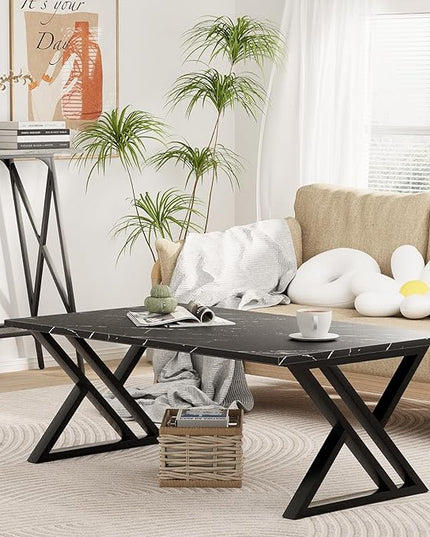 Coffee Table Living Room Table Black Center Table, Simple Modern Faux Marble Rectangular Tea Table with Sturdy Black-Finished Metal Frame,Industrial Wooden Coffee Table for Bedroom Home Office - LeafyLoom