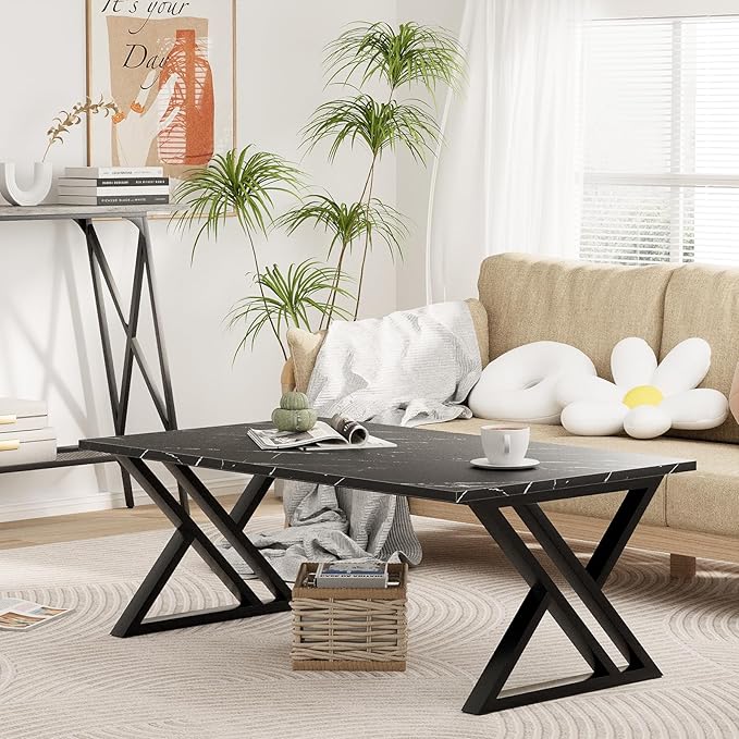 Coffee Table Living Room Table Black Center Table, Simple Modern Faux Marble Rectangular Tea Table with Sturdy Black-Finished Metal Frame,Industrial Wooden Coffee Table for Bedroom Home Office - LeafyLoom
