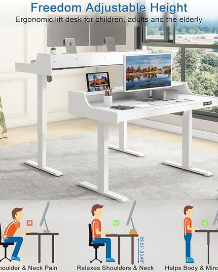 Vabches Standing Desk with Drawer, Stand Up Electric Standing Desk, Height Adjustable Stand Home Office Desk with LED Lights & Charging Station, Quick Install Ergonomic Rising Desk, White - LeafyLoom