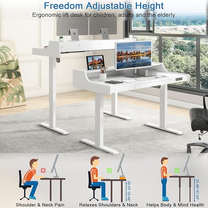 Vabches Standing Desk with Drawer, Stand Up Electric Standing Desk, Height Adjustable Stand Home Office Desk with LED Lights & Charging Station, Quick Install Ergonomic Rising Desk, White - LeafyLoom