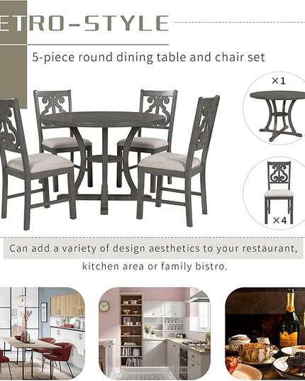 5-Piece Round Dining Set, Include Solid Wood Table with Storage Shelf, Special-shaped Legs and an Exquisitely Designed Upholstered Chair for Diningroom, Living Room, Kitchen, Brown+Grey - LeafyLoom