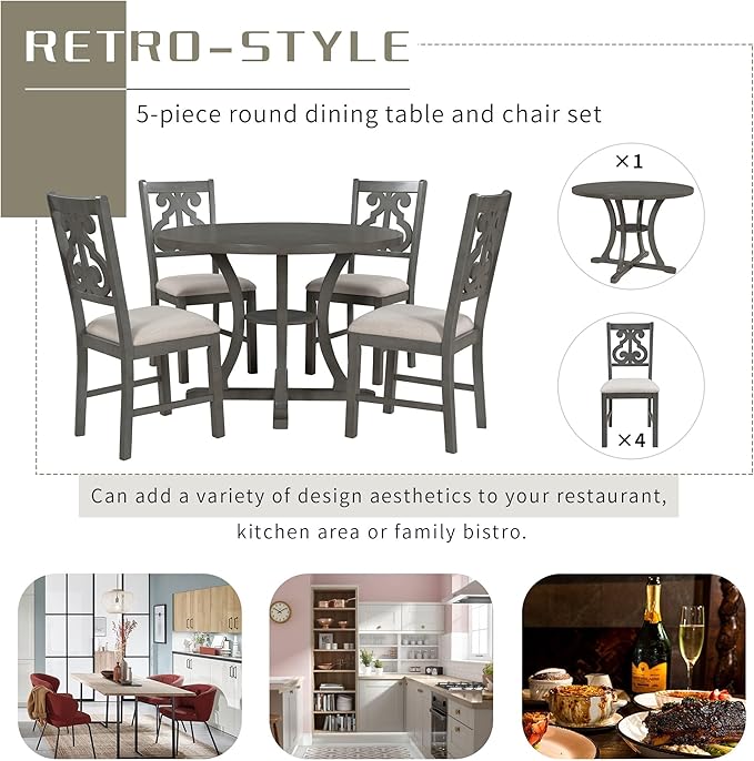 5-Piece Round Dining Set, Include Solid Wood Table with Storage Shelf, Special-shaped Legs and an Exquisitely Designed Upholstered Chair for Diningroom, Living Room, Kitchen, Brown+Grey - LeafyLoom