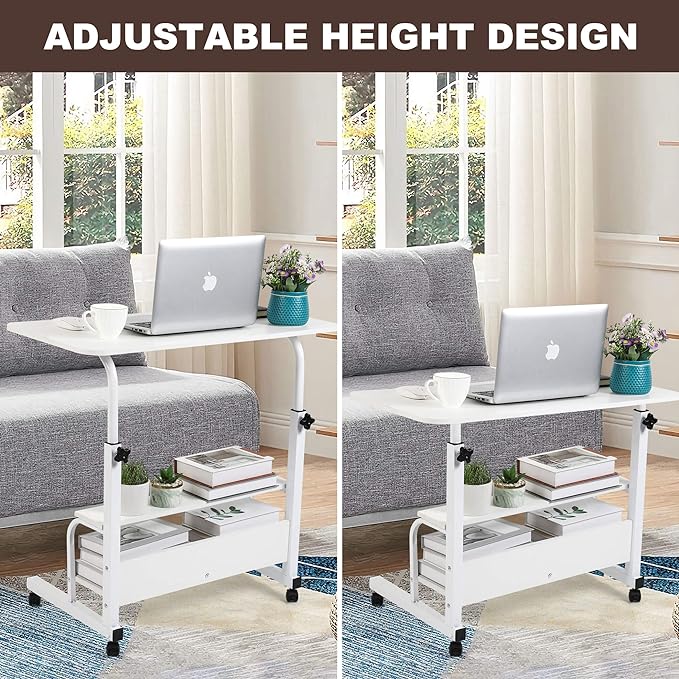 Adjustable Home Office Desk Portable Study Computer Rolling Desk for Small Spaces Movable Sofa Side Table on Wheels Student Small Laptop Desk with Storage White Size 31x16 Inch - LeafyLoom
