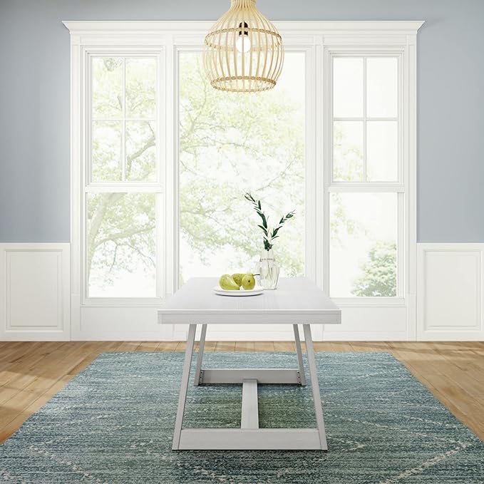 Plank+Beam 72 Inch Farmhouse Dining Table, Solid Wood Rustic Kitchen Table, Large Wooden Rectangular Dinner Table for Dining Room, Home Office, Living Room Furniture, Easy Assembly, White Wirebrush - LeafyLoom