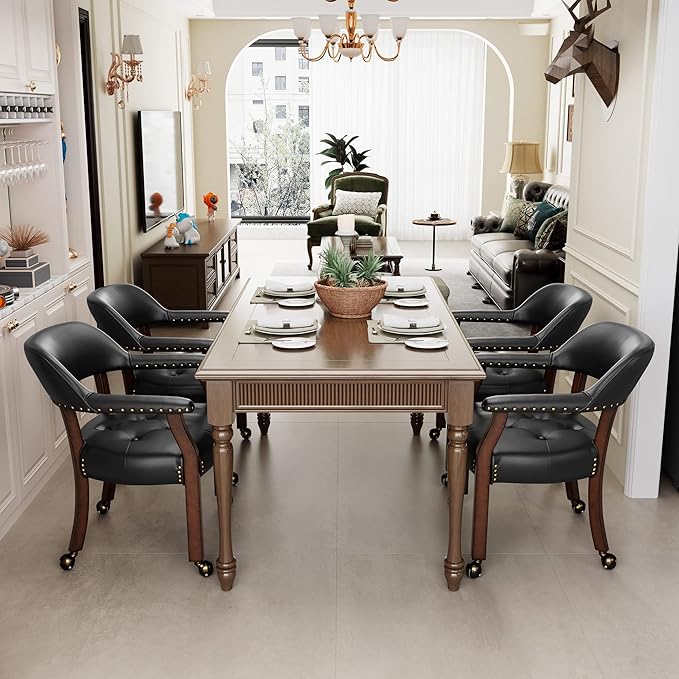 Large Dining Chairs with Casters and Arms, Rolling Dining Chairs with Wheels, Accent Game Chairs Boss Caption's Chairs, 26" D x 25.2" W x 31.5" H, Cherry Legs & Black SY-1533-BK - LeafyLoom
