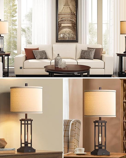 27.5 Tall Farmhouse Table Lamps with USB C + USB A Charge Ports, Rustic Living Room Lamps Set of 2, Black Industrial End Table Lamp for Bedroom Living Room Nightstand - LeafyLoom