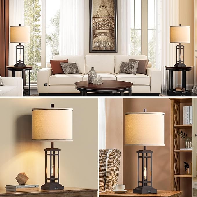 27.5 Tall Farmhouse Table Lamps with USB C + USB A Charge Ports, Rustic Living Room Lamps Set of 2, Black Industrial End Table Lamp for Bedroom Living Room Nightstand - LeafyLoom