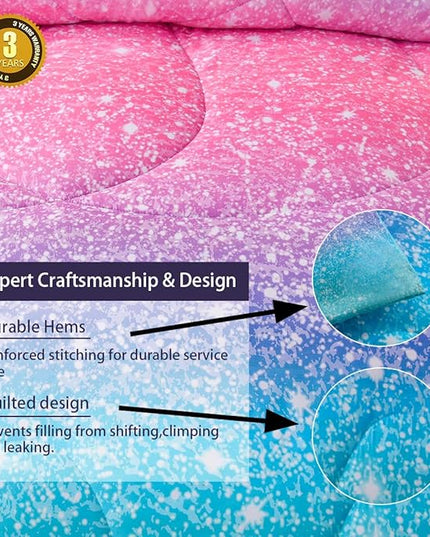 JQinHome Queen 3Pcs Glitter Comforter Sets for Girls, 3D Colorful Duvet Pink Rainbow Themed Bedding, All-Season Reversible Quilted Duvet,for Girls Women- includes 1 Comforter, 2 Pillowcases - LeafyLoom