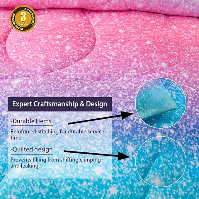 JQinHome Queen 3Pcs Glitter Comforter Sets for Girls, 3D Colorful Duvet Pink Rainbow Themed Bedding, All-Season Reversible Quilted Duvet,for Girls Women- includes 1 Comforter, 2 Pillowcases - LeafyLoom