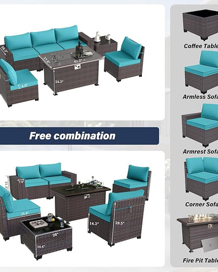 Patio Furniture Sectional Sofa Set 7 Pieces PE Rattan Outdoor Furniture w/43in Gas Fire Pit Table, Patio Conversation Set with 55000 BTU Propane Fire Pit, Blue - LeafyLoom