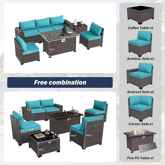 Patio Furniture Sectional Sofa Set 7 Pieces PE Rattan Outdoor Furniture w/43in Gas Fire Pit Table, Patio Conversation Set with 55000 BTU Propane Fire Pit, Blue - LeafyLoom