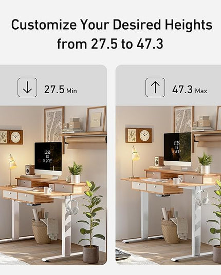 FEZIBO Sturdy Height Adjustable Electric Standing Desk with Drawers, 48 x 24 Inch Stand Up Table with Large Storage Shelf, Sit Stand Desk, Light Rustic Brown Top - LeafyLoom