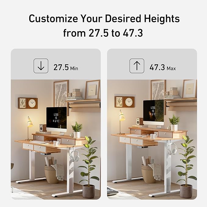 FEZIBO Sturdy Height Adjustable Electric Standing Desk with Drawers, 48 x 24 Inch Stand Up Table with Large Storage Shelf, Sit Stand Desk, Light Rustic Brown Top - LeafyLoom