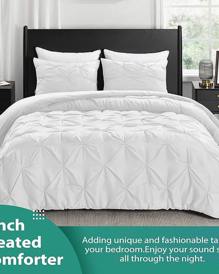 downluxe Pintuck Queen Comforter Set with 2 Pillow Shams - 3-Piece - White Queen Bed Comforter Set for All Seasons, Pinch Pleat Microfiber Down Alternative Bedding Comforter Sets - LeafyLoom