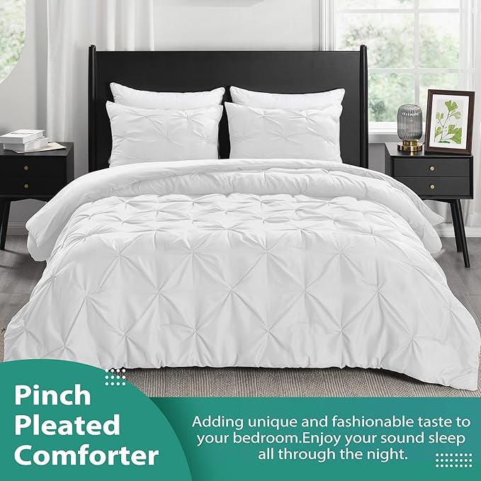 downluxe Pintuck Queen Comforter Set with 2 Pillow Shams - 3-Piece - White Queen Bed Comforter Set for All Seasons, Pinch Pleat Microfiber Down Alternative Bedding Comforter Sets - LeafyLoom