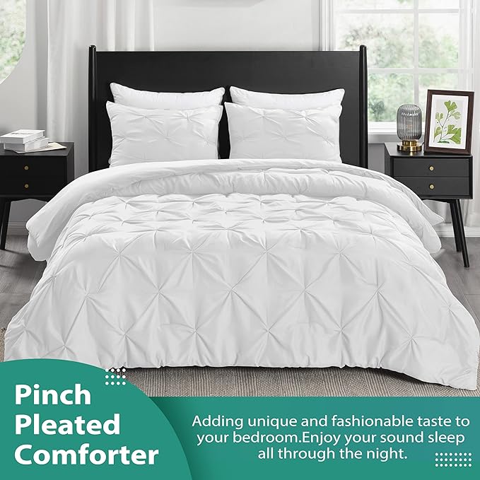 downluxe Pintuck Twin Comforter Set with 1 Pillow Sham - 2-Piece - White Twin Bed Comforter Set for All Seasons, Pinch Pleat Microfiber Down Alternative Bedding Comforter Sets - LeafyLoom