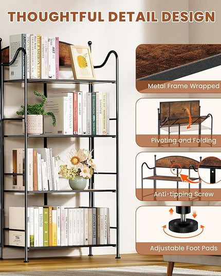 Folding Bookshelf No Assembly, 4 Shelf Black Folding Bookcase with Sturdy Metal Frame, Vintage Open Standing Collapsible Shelves for Bedroom, Living Room, Home Office Organization - LeafyLoom